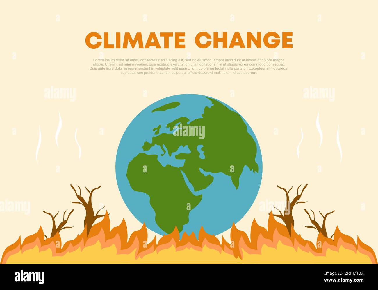 Cambiamento climatico e salvataggio del pianeta sfondo del poster. Giornata mondiale dell'ambiente, biotecnologia, una città sul pianeta. Illustrazione Vettoriale