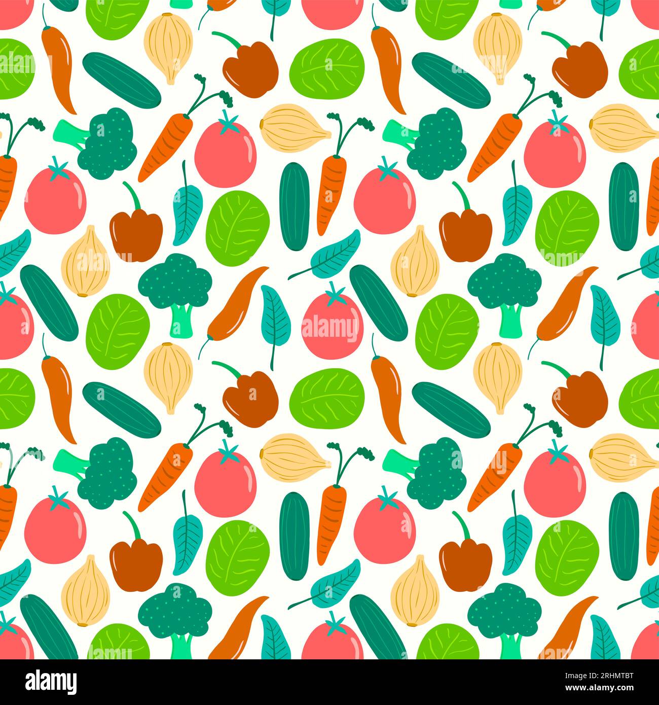 Motivo senza cuciture di verdure con pomodori, broccoli, cipolle, cetrioli, cavoli, Red Chilli, Paprika, carote, spinaci isolati su sfondo bianco. Illustrazione Vettoriale