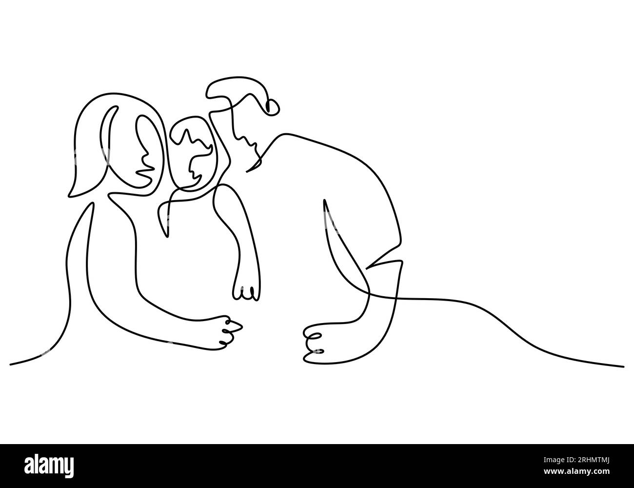 Una singola linea continua di madre, padre e figlia isolati su sfondo bianco. Illustrazione Vettoriale