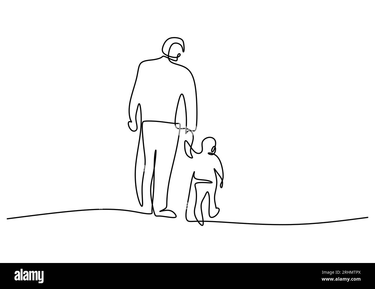 Una singola linea continua di padre e figlio che camminano insieme isolati su sfondo bianco. Illustrazione Vettoriale