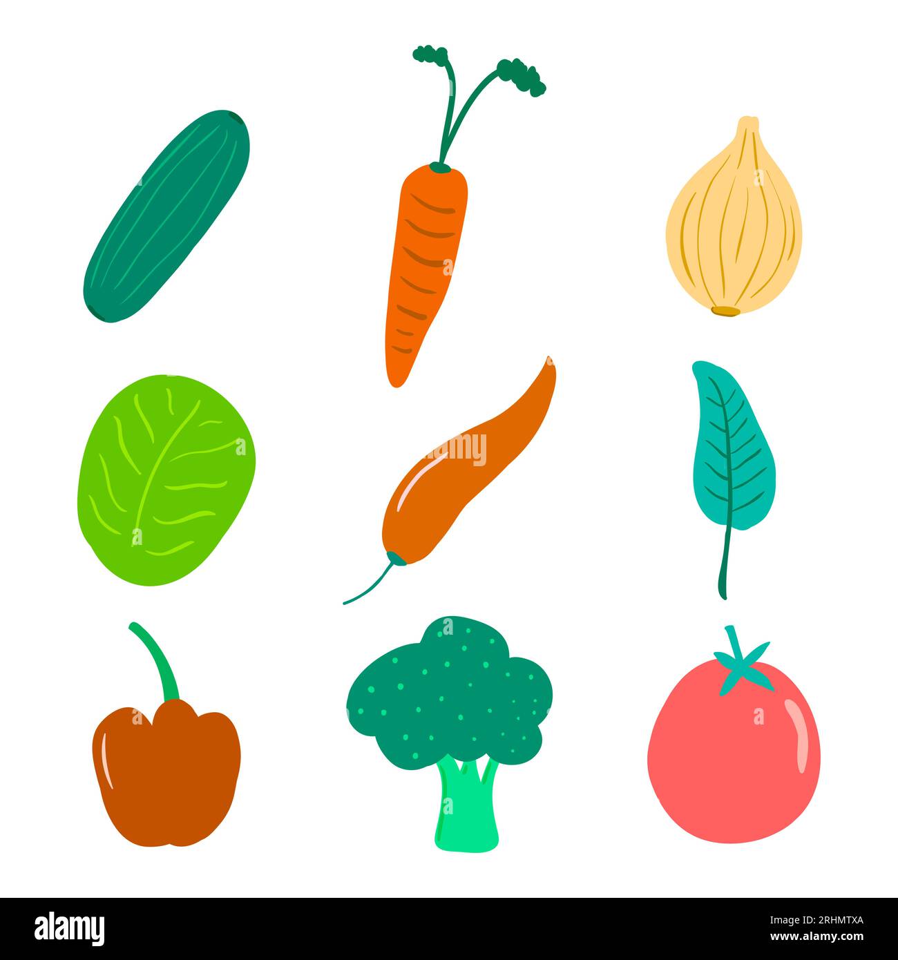 Set di pomodori vegetali, broccoli, cipolle, cetrioli, cavoli, Red Chilli, Paprika, carota, spinaci Illustrazione Vettoriale