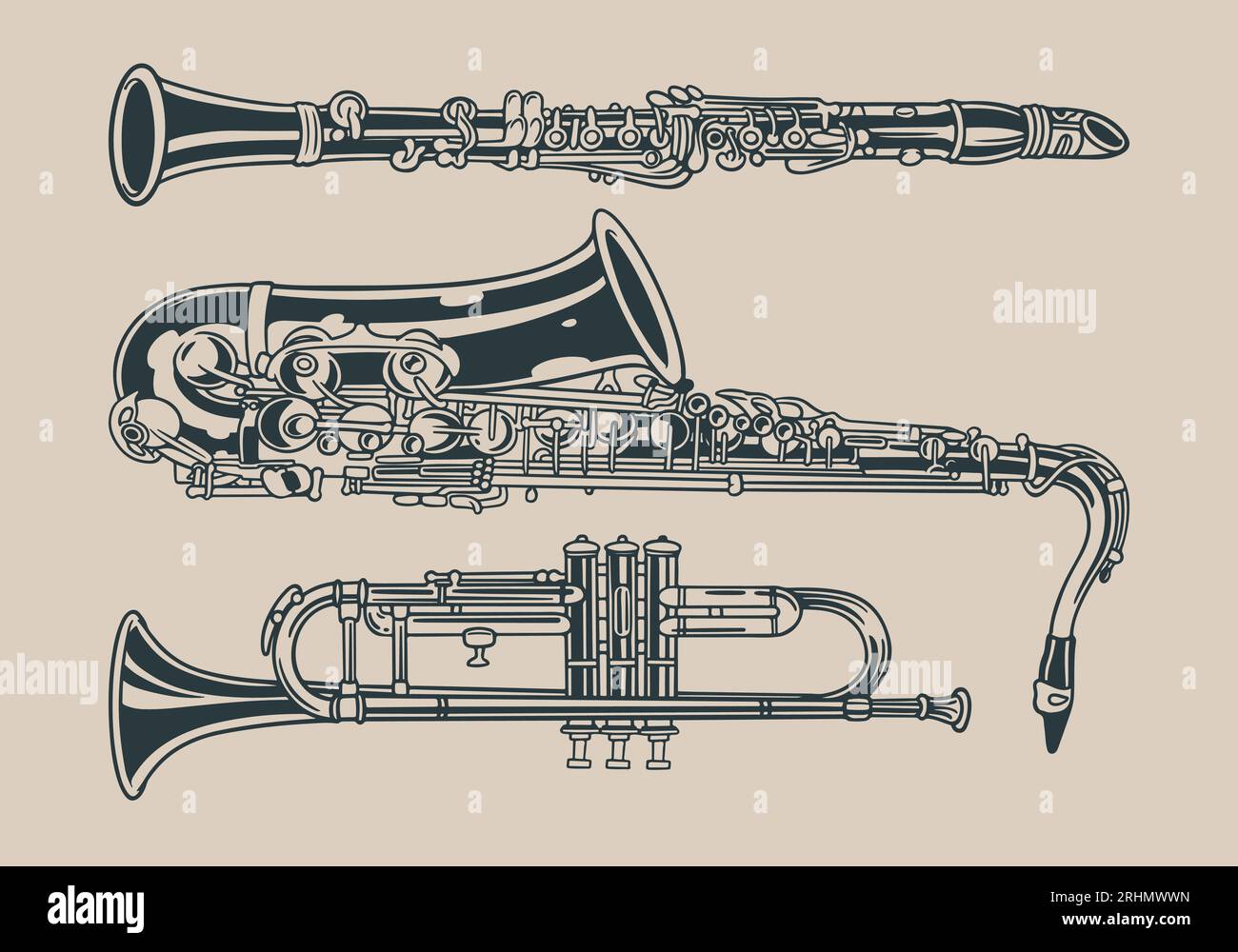 Modello senza cuciture con classico strumento musicale disegnato a mano. Una collezione di strumenti musicali classici che vengono soffiati. Illustrazione vettoriale Illustrazione Vettoriale