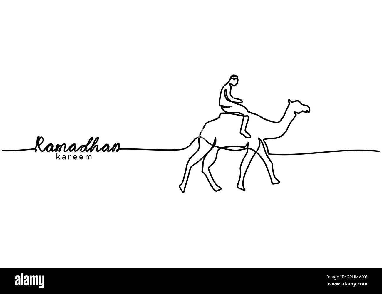 Una singola linea continua di parole ramadan kareem con l'uomo che cavalca un cammello nel deserto isolato su sfondo bianco. Illustrazione Vettoriale