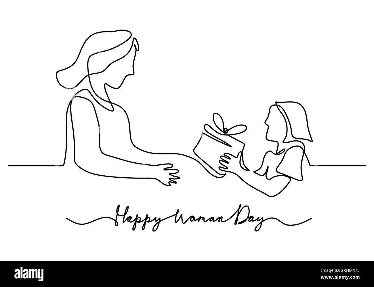 Una singola linea continua di happy Woman Day con la figlia regala un regalo alla madre isolata su sfondo bianco. Illustrazione Vettoriale