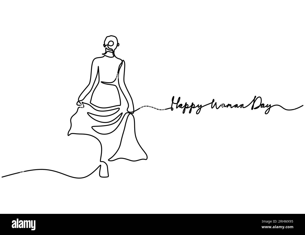 Una singola linea continua di happy Woman Day con abito da donna isolato su sfondo bianco. Illustrazione Vettoriale