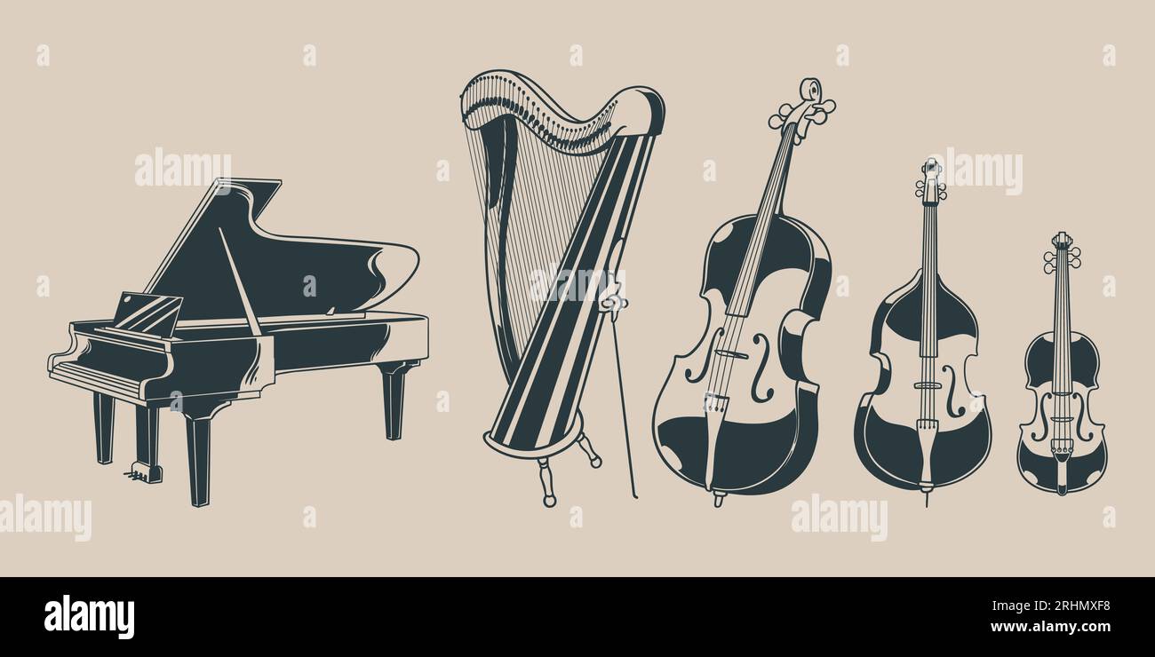 Modello senza cuciture con strumenti musicali a forma di doodle disegnati a mano. Una raccolta di tipi di strumenti musicali classici in un'orchestra. Illustrati vettoriali Illustrazione Vettoriale