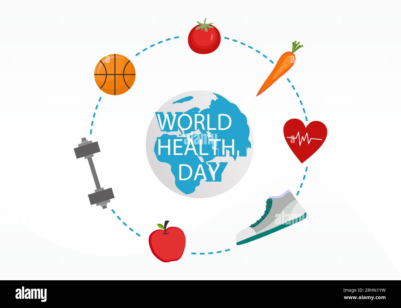 Poster di sfondo della giornata mondiale della salute con terra, frutta e attrezzature sportive su sfondo bianco. Illustrazione Vettoriale