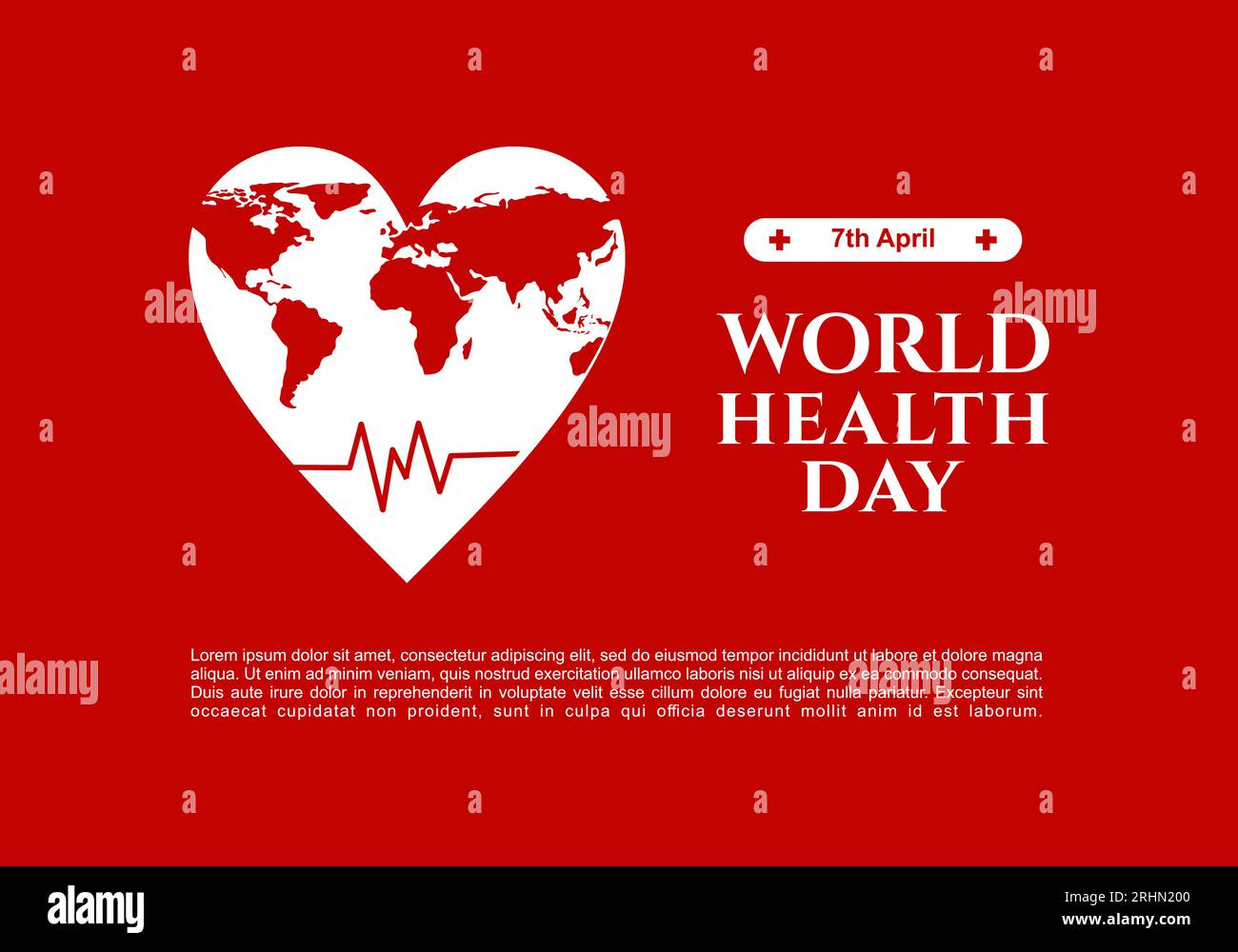 Poster banner di sfondo giornata mondiale della salute con mappa del mondo su sfondo rosso. Illustrazione Vettoriale