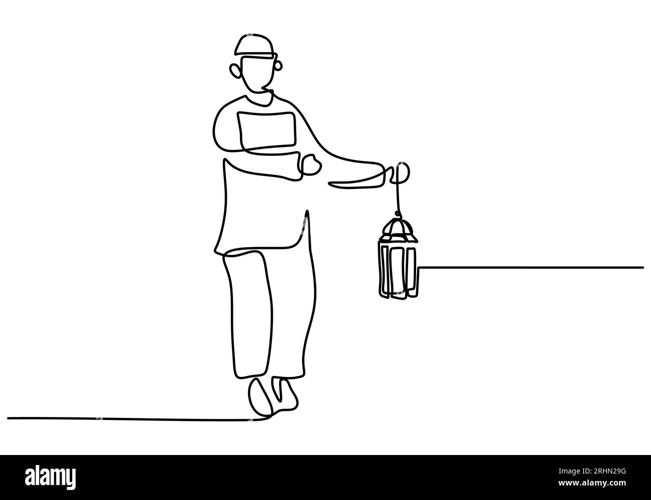 Una singola linea continua di ragazzo musulmano porta la lanterna isolata su sfondo bianco. Illustrazione Vettoriale