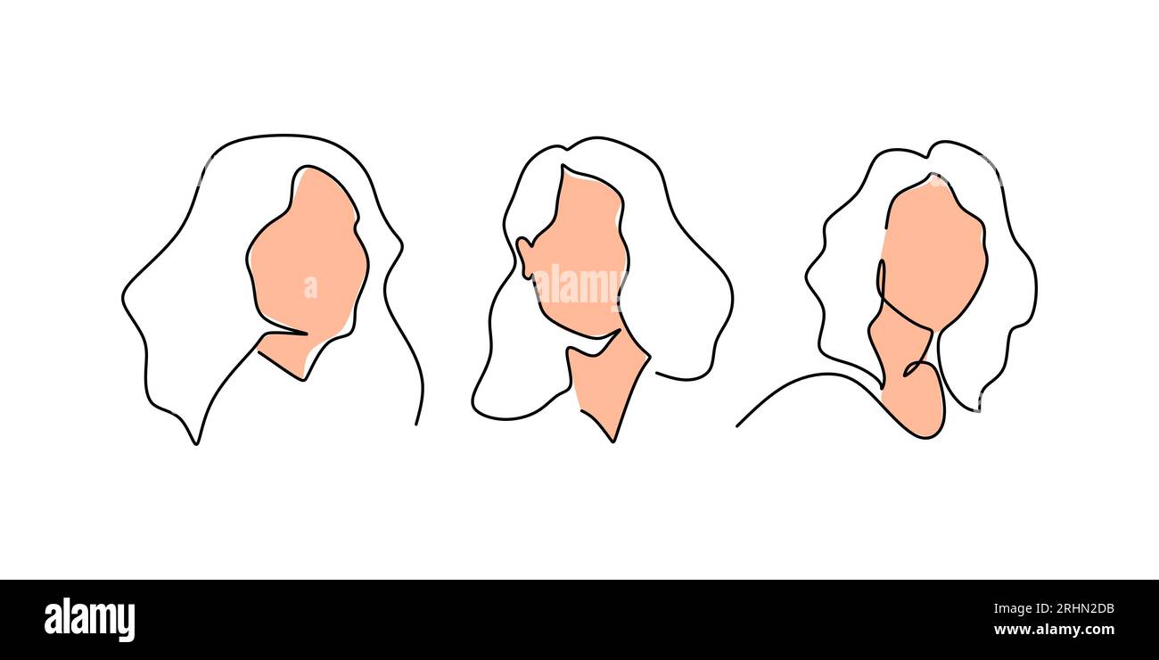 Una singola linea continua di tre facce di donna isolate su sfondo bianco. Illustrazione Vettoriale