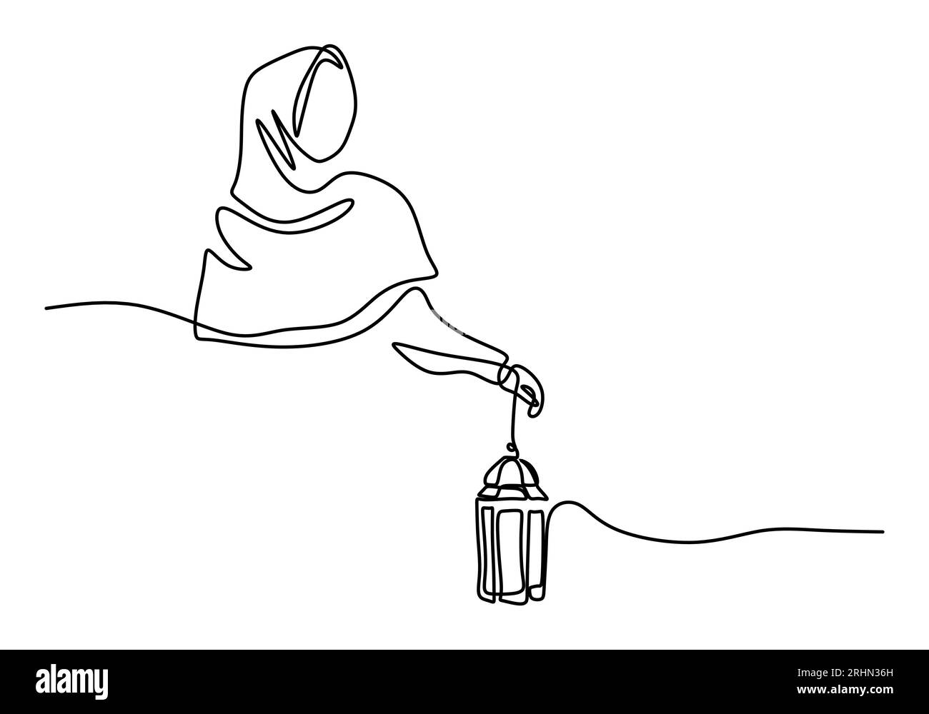 Una singola linea continua di donne musulmane porta la lanterna isolata su sfondo bianco. Illustrazione Vettoriale