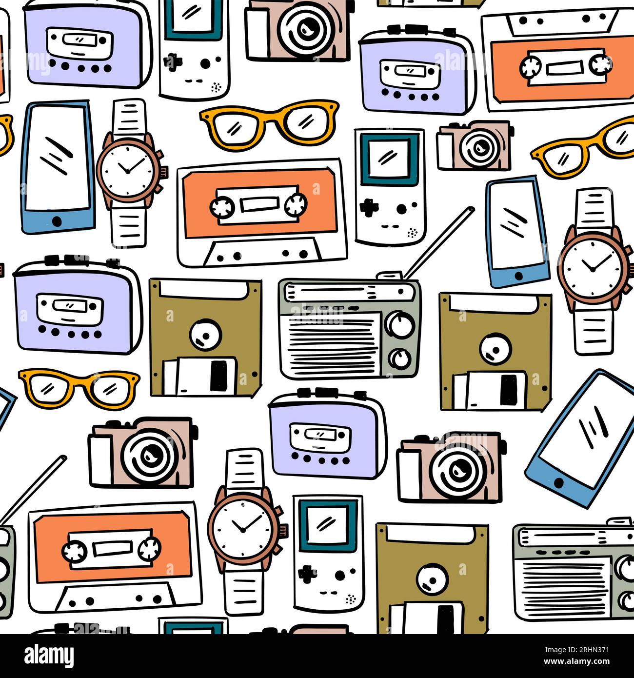 Modello senza cuciture degli anni '90 per nostalgia isolato su sfondo bianco. Illustrazione Vettoriale