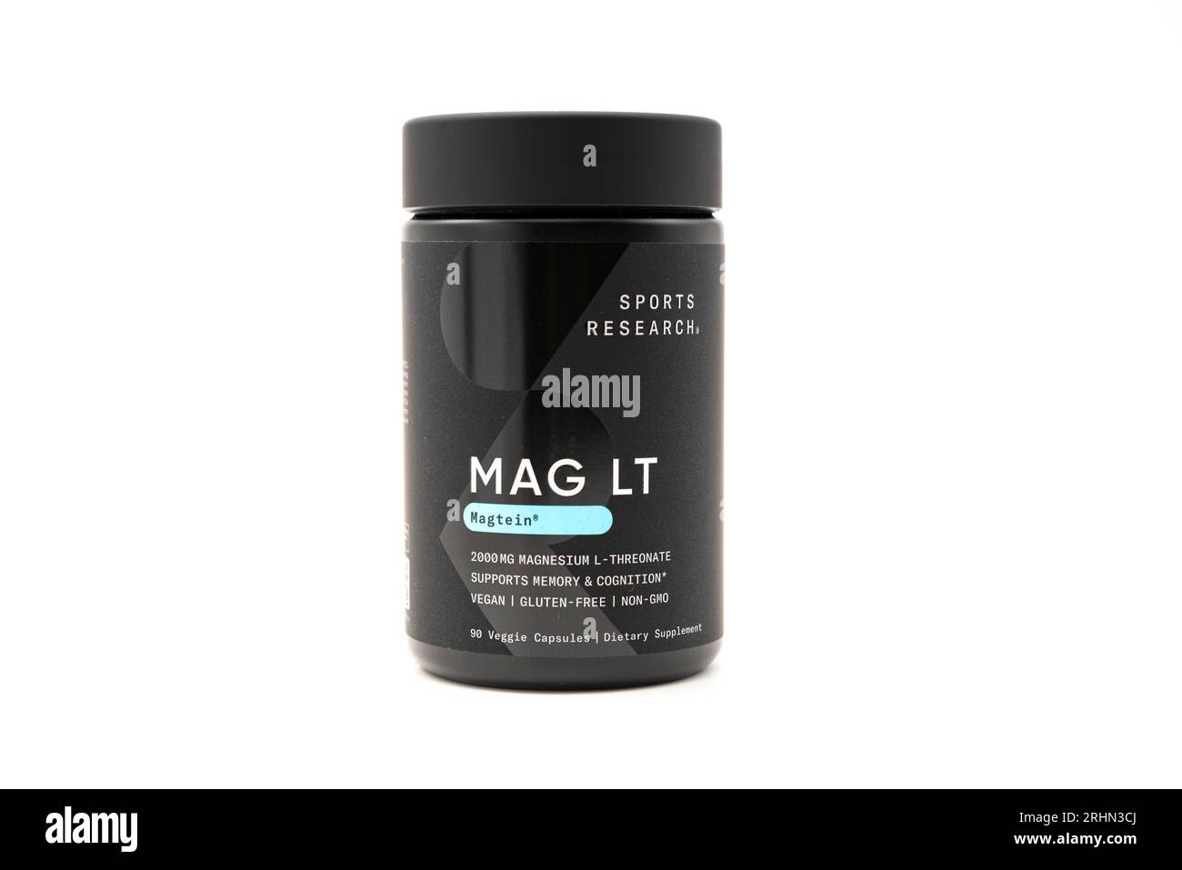 Fuji, Shizuoka, Giappone - 27 maggio 2023: MAG LT Magtein 2000 mg by Sports Research with 90 Vegetarian Capsules. Isolato su sfondo bianco. Foto Stock