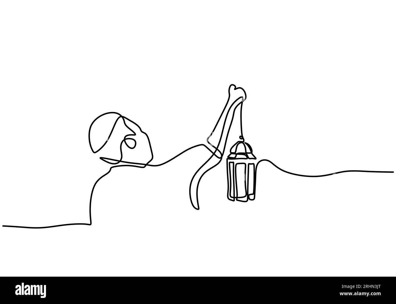 Una singola linea continua di uomini porta la lanterna isolata su sfondo bianco. Illustrazione Vettoriale