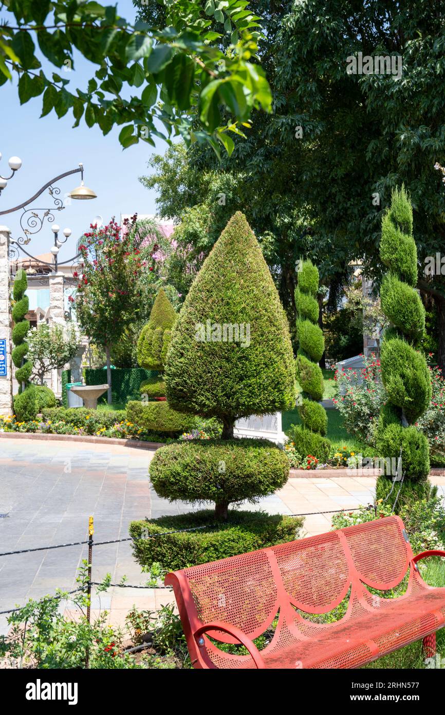 Topiary Tree Sculpturing in a Peace Park Garden in Ghajar (in arabo: غجر, anche Rhadjar), Golan Heights, Israele Foto Stock