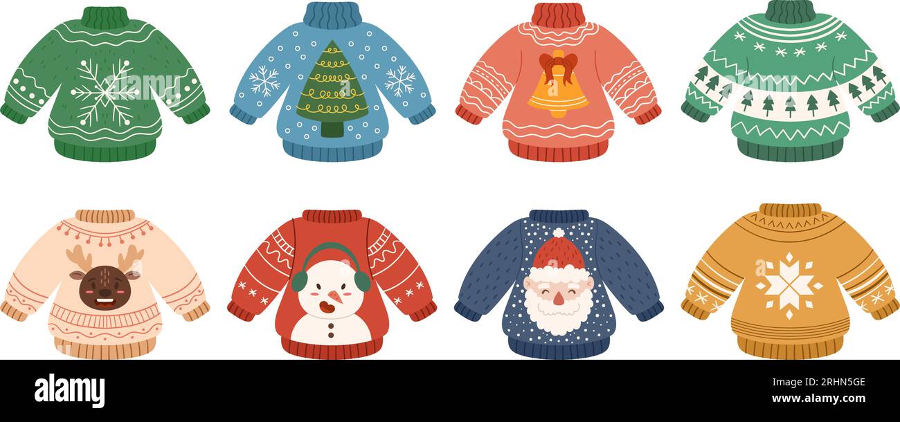 Brutta festa in maglione. Allegri collezione natalizia con maglioni divertenti. Set grandioso con pullover natalizio disegnato a mano: Renne, pupazzo di neve e Babbo Natale Illustrazione Vettoriale