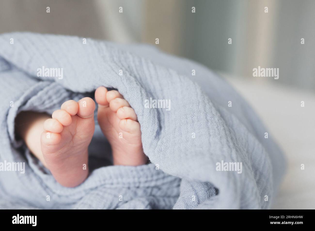 Piedini neonato avvolti in una coperta blu Foto Stock