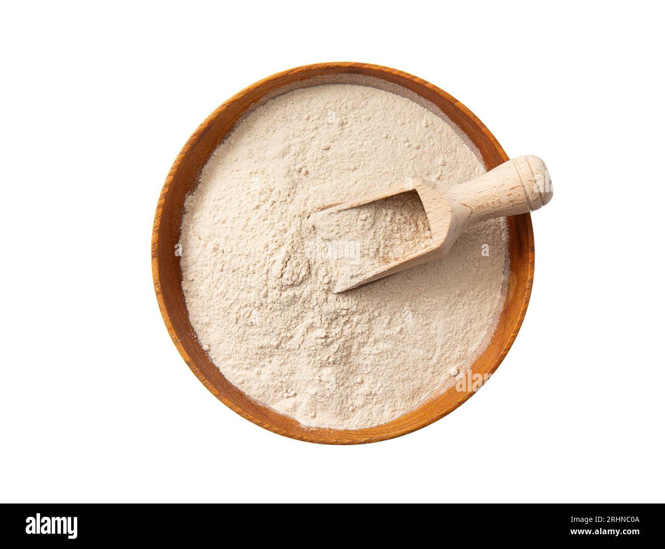 Polvere di farina di buccia di psicllium su recipiente di legno e cucchiaio isolato su sfondo bianco. Benefici per la salute del concetto di farina di Psyllium. Foto Stock
