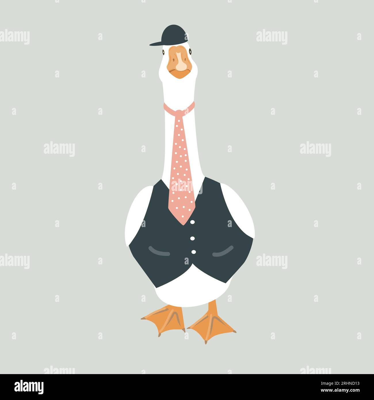 Graziosa oca maschile vestita con un gilet, una cravatta e un berretto. Illustrazione antropomorfa, vettore isolato di uccello di moda Illustrazione Vettoriale