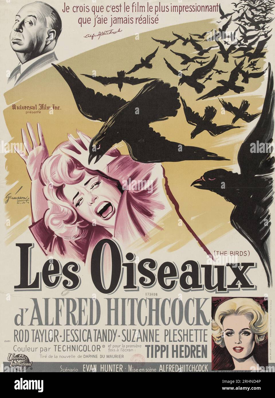Poster del film "Les Oiseaux (gli uccelli)" di Alfred Hitchcock. Museo: COLLEZIONE PRIVATA. Autore: Boris Grinsson. Foto Stock