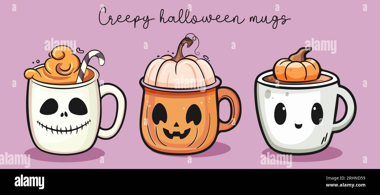 Buon Halloween set di carine tazze con visi. Illustrazione vettoriale in stile cartone animato. Illustrazione Vettoriale