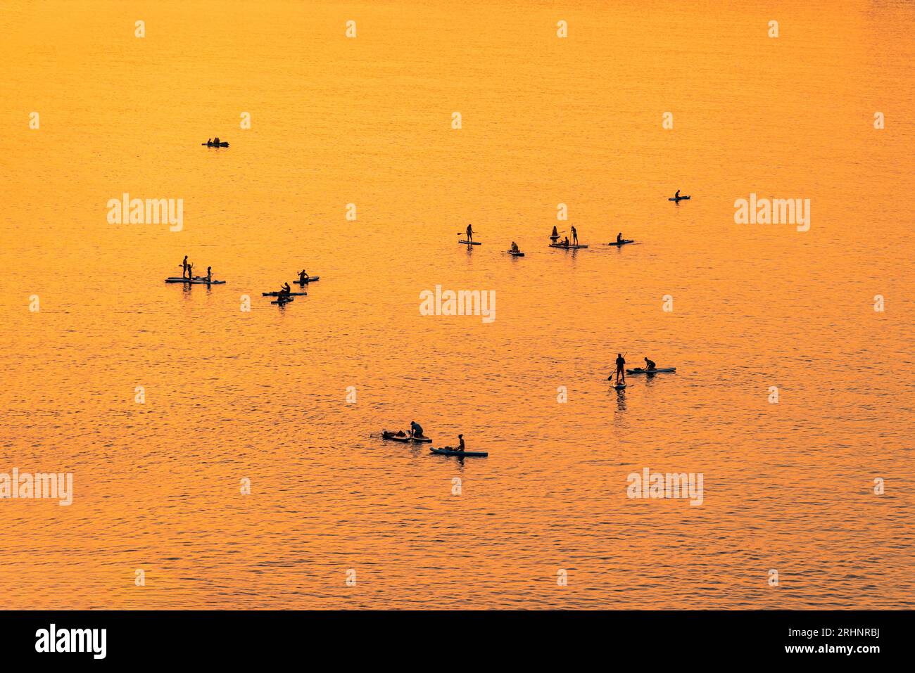 Le persone avventurose su una tavola da paddle stand up stanno pagaiando durante una luminosa e vibrante alba Foto Stock