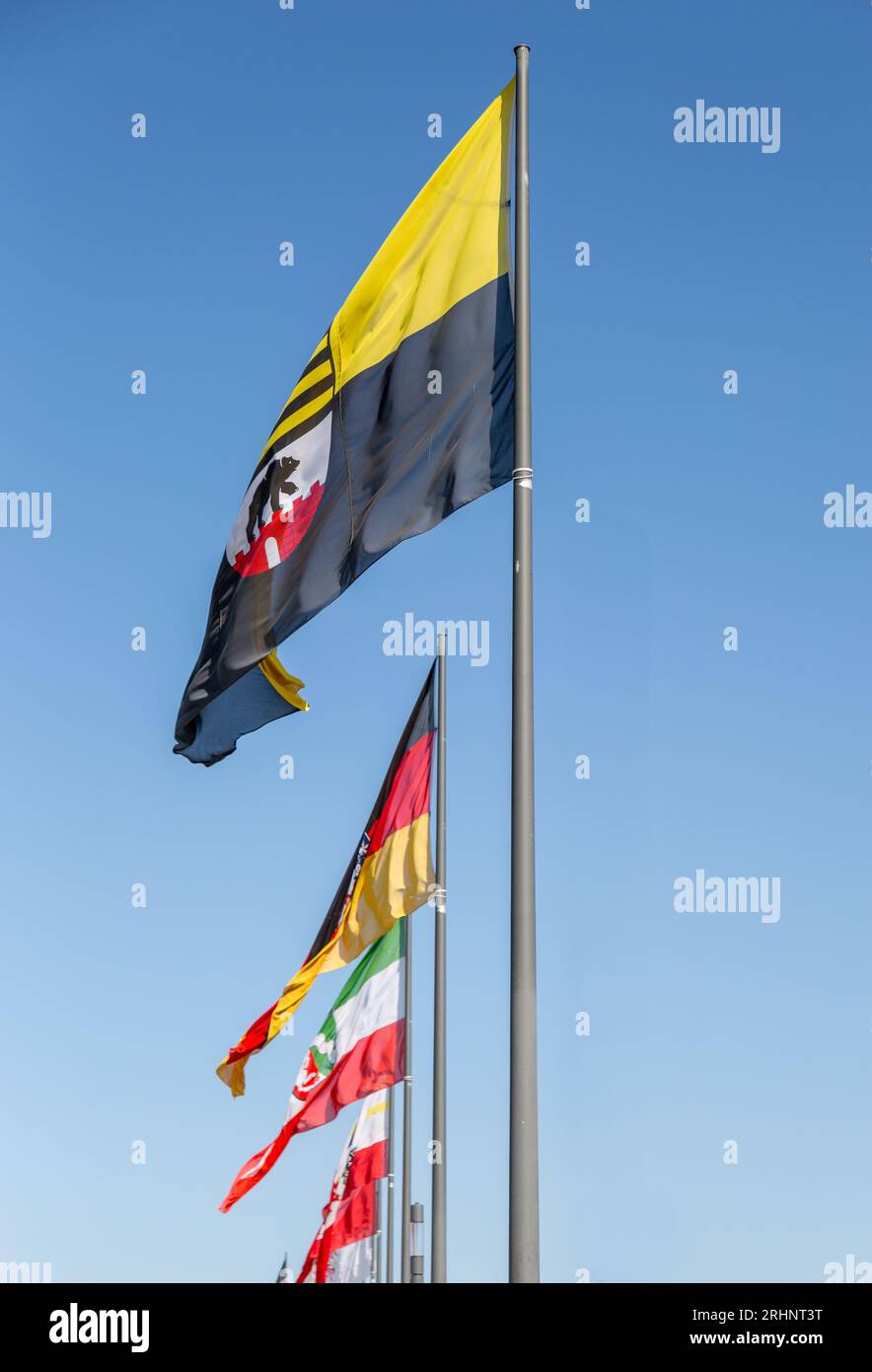 Bandiere della Terra federale tedesca su pali di bandiera battono leggermente nel vento di fronte a un cielo azzurro Foto Stock
