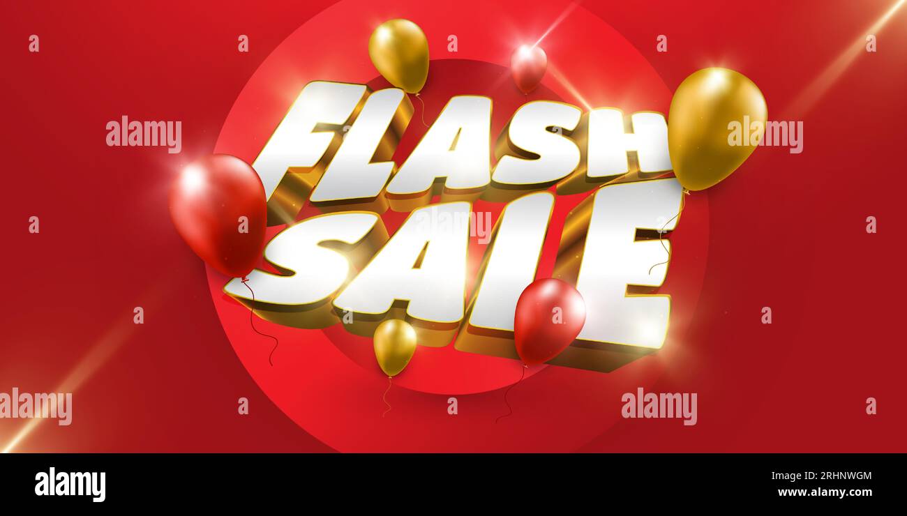 Banner di vendita flash con testo 3D e bollature isolate su sfondo rosso. Progettazione di banner o modelli di poster per offerte speciali per siti Web e social media Illustrazione Vettoriale