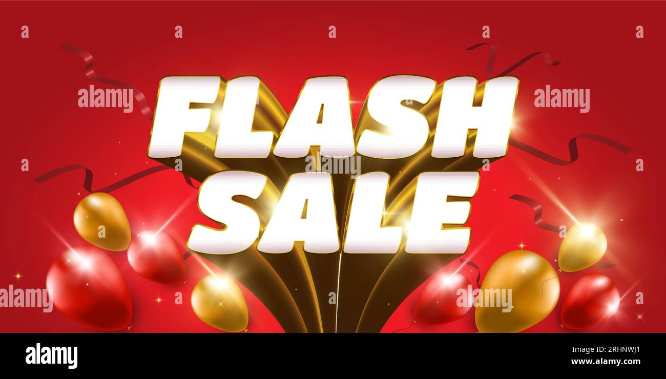 Banner di vendita flash con testo 3D e bollature isolate su sfondo rosso. Progettazione di banner o modelli di poster per offerte speciali per siti Web e social media Illustrazione Vettoriale