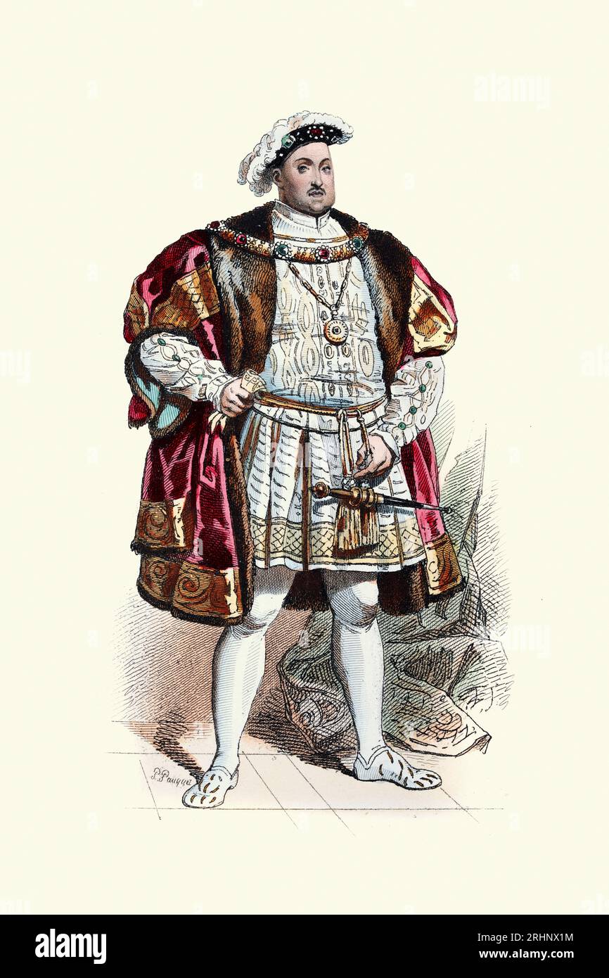 Storia della moda Tudor, re Enrico VIII d'Inghilterra medievale XVI secolo 1509, costume d'epoca. Fratelli Pauquet 1875 Foto Stock