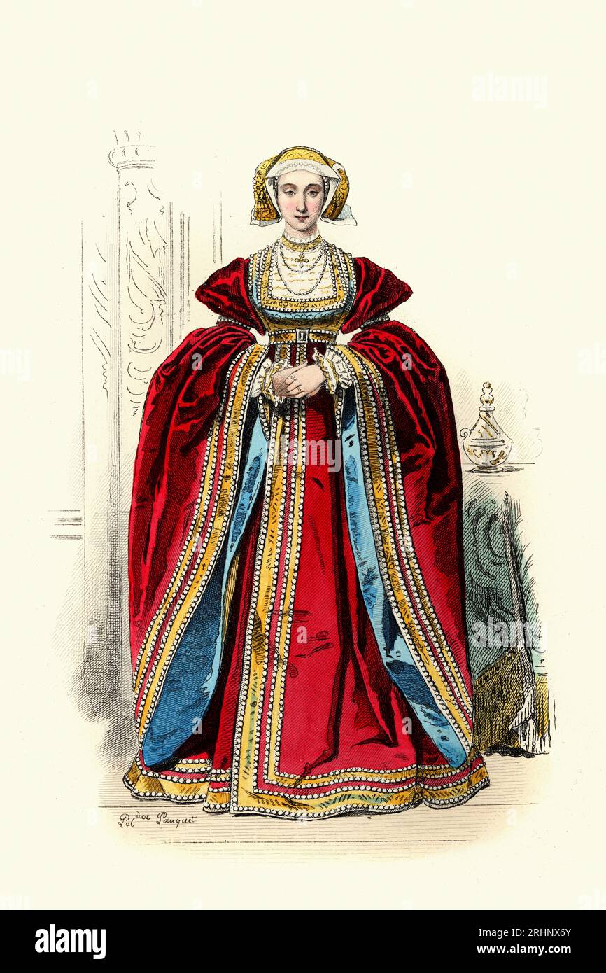 Storia degli abiti Tudor, Anna di Cleves Regina di Enrico VIII d'Inghilterra medievale XVI secolo 1537, costume d'epoca. Fratelli Pauquet 1875 Foto Stock