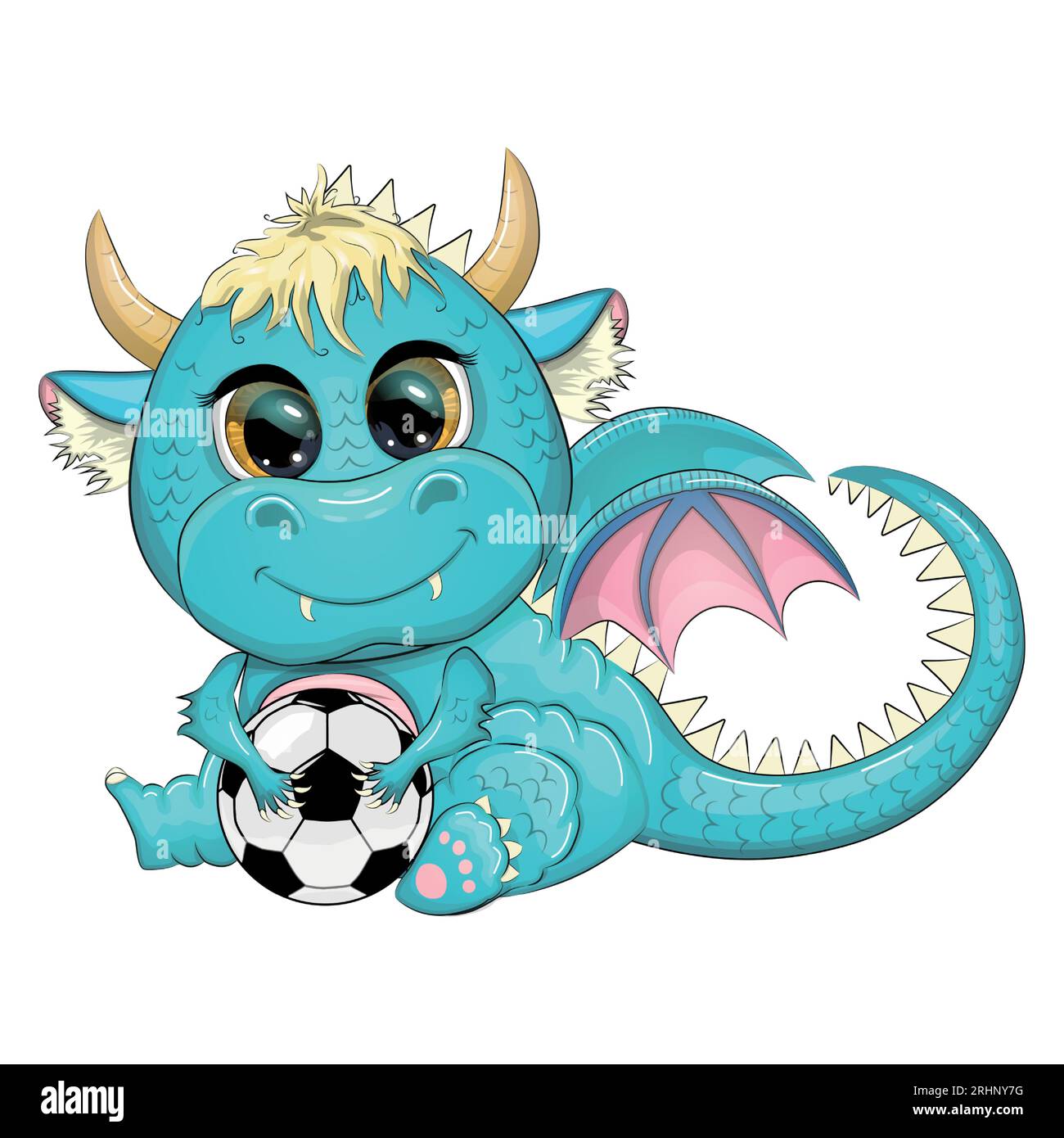 Carino cartone animato, drago verde e pallina da calcio, gioco. Simbolo del 2024 secondo il calendario cinese Illustrazione Vettoriale