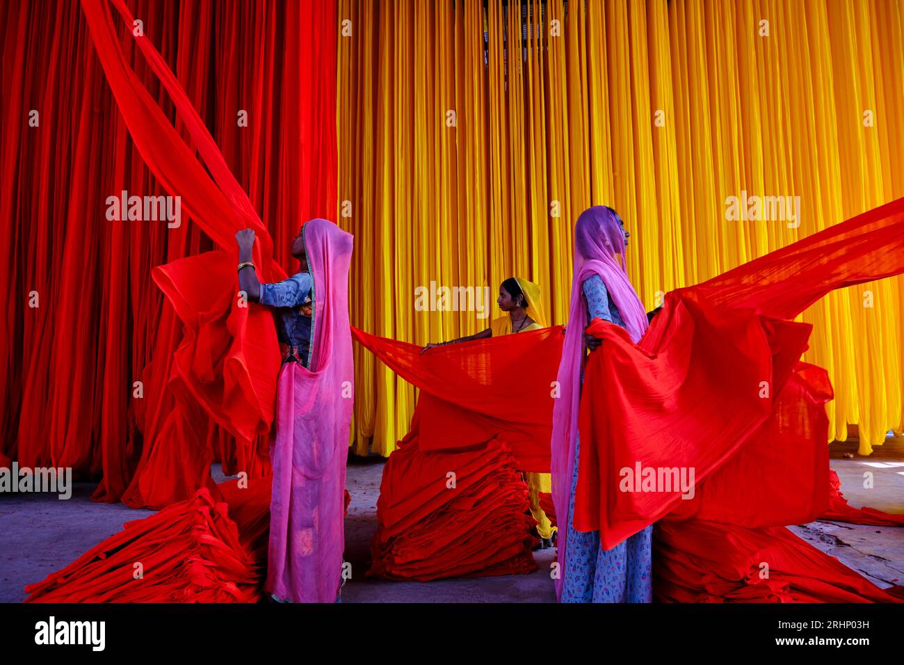 India Rajasthan, Sari fabbrica tessile sono asciugati all'aria aperta. La raccolta del prodotto tessile secco vengono piegate per le donne Foto Stock