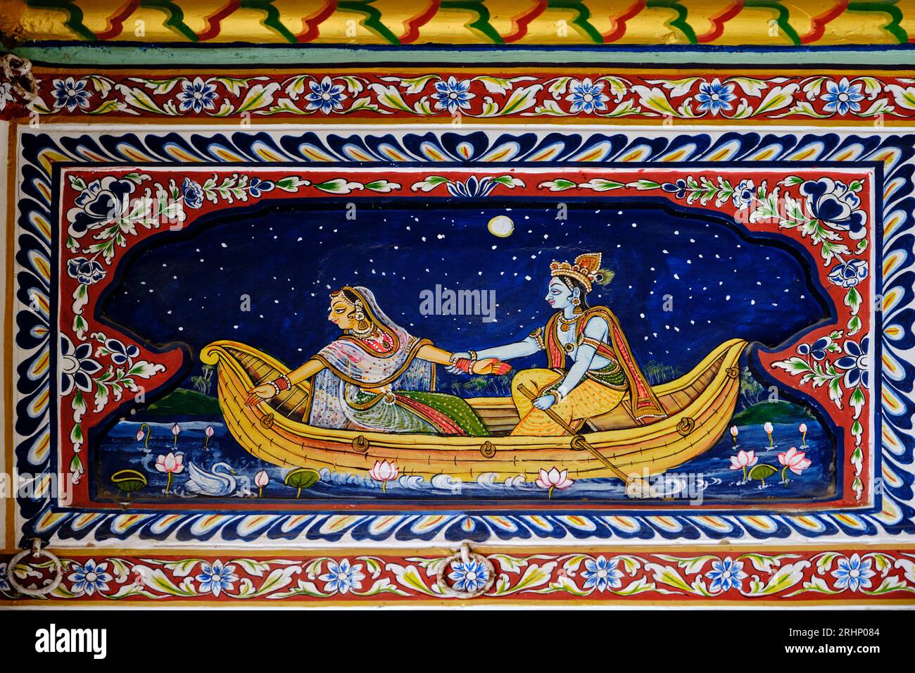 India, Rajasthan, regione di Shekhawati, villaggio di Mandawa, pittura sulla facciata di un vecchio haveli, dio Krishna Foto Stock