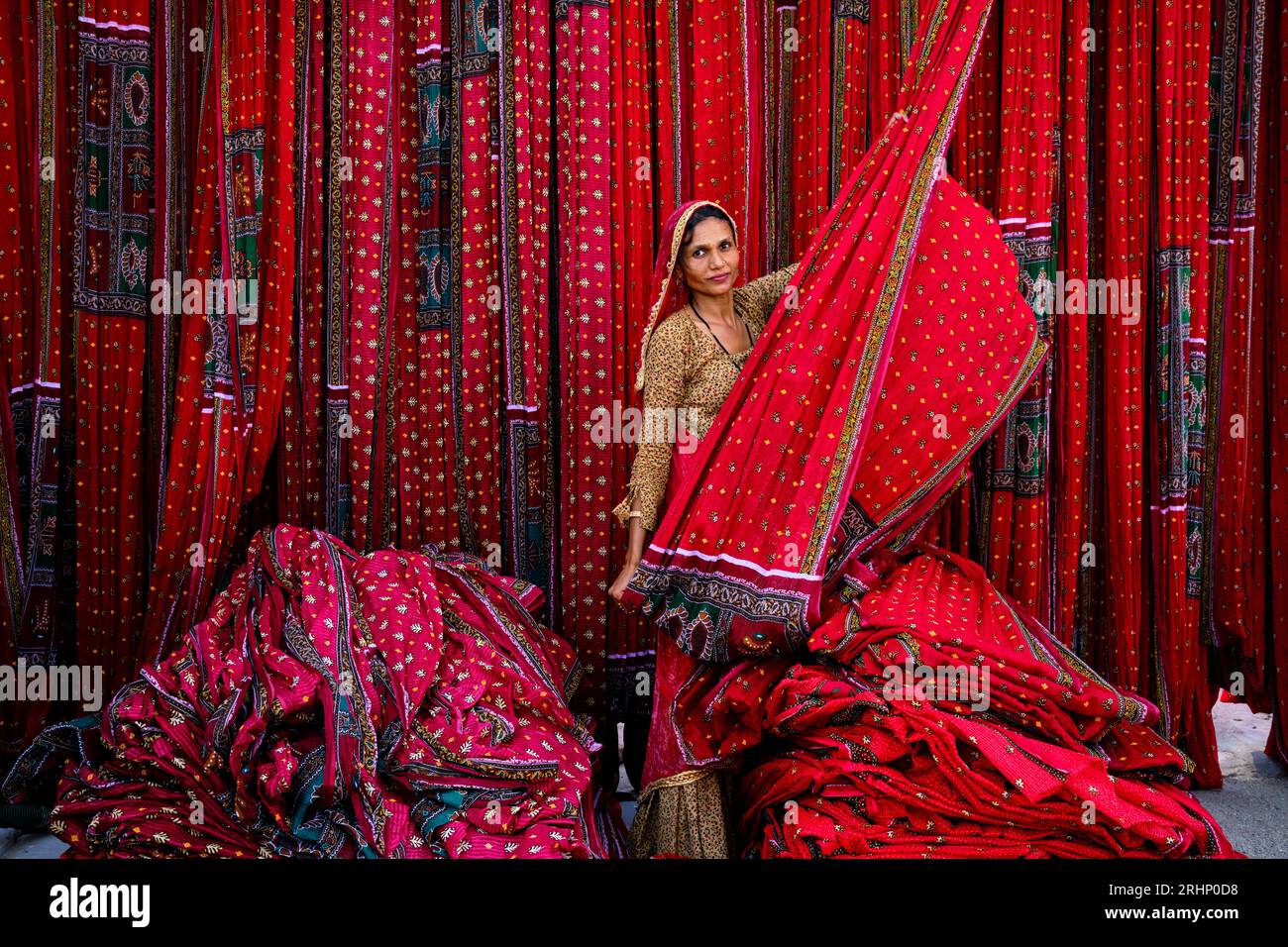 India Rajasthan, Sari fabbrica tessile sono asciugati all'aria aperta. La raccolta del prodotto tessile secco vengono piegate per le donne Foto Stock