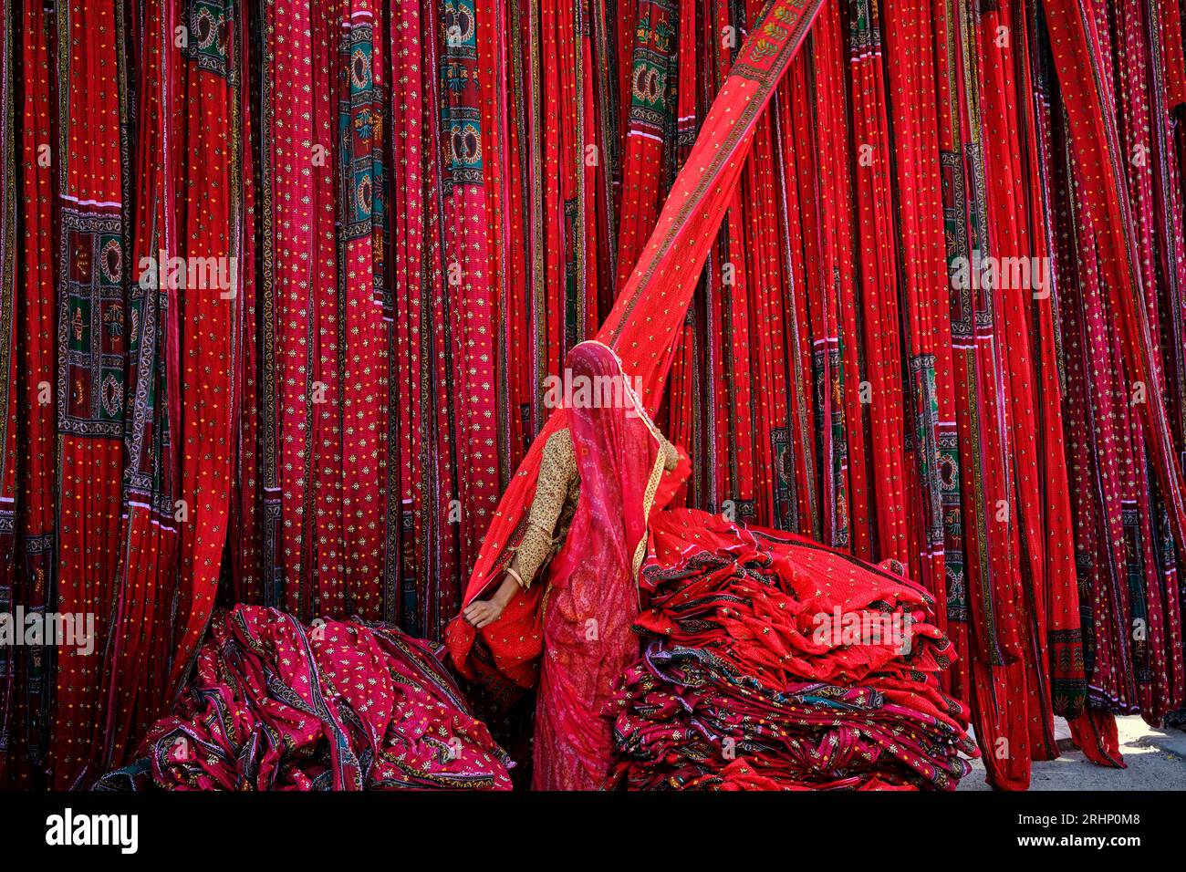 India Rajasthan, Sari fabbrica tessile sono asciugati all'aria aperta. La raccolta del prodotto tessile secco vengono piegate per le donne Foto Stock