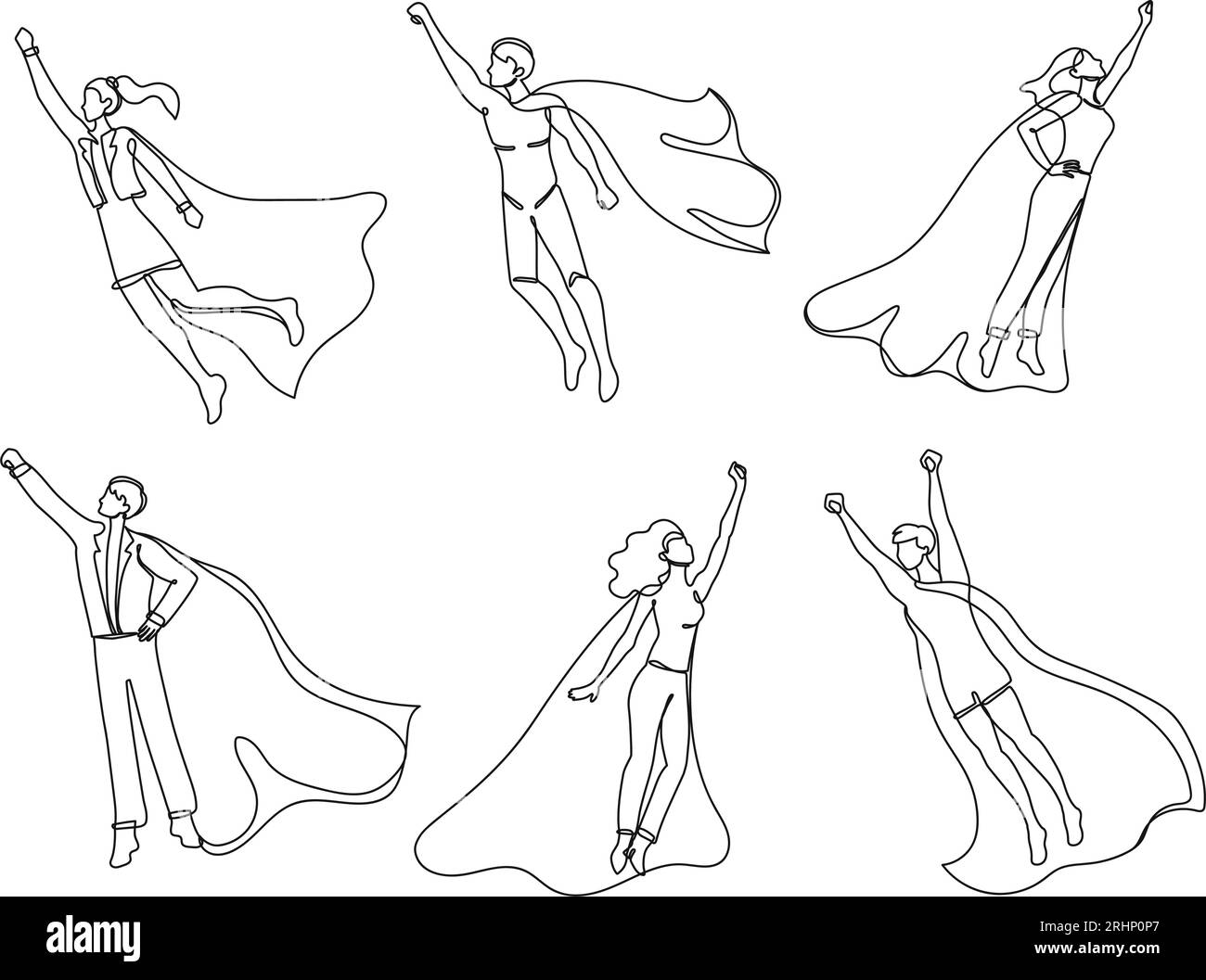 Supereroe continuo a una linea. Uomo e donna volano con mantello eroe, dipendente di successo e set di illustrazioni vettoriali leader Illustrazione Vettoriale