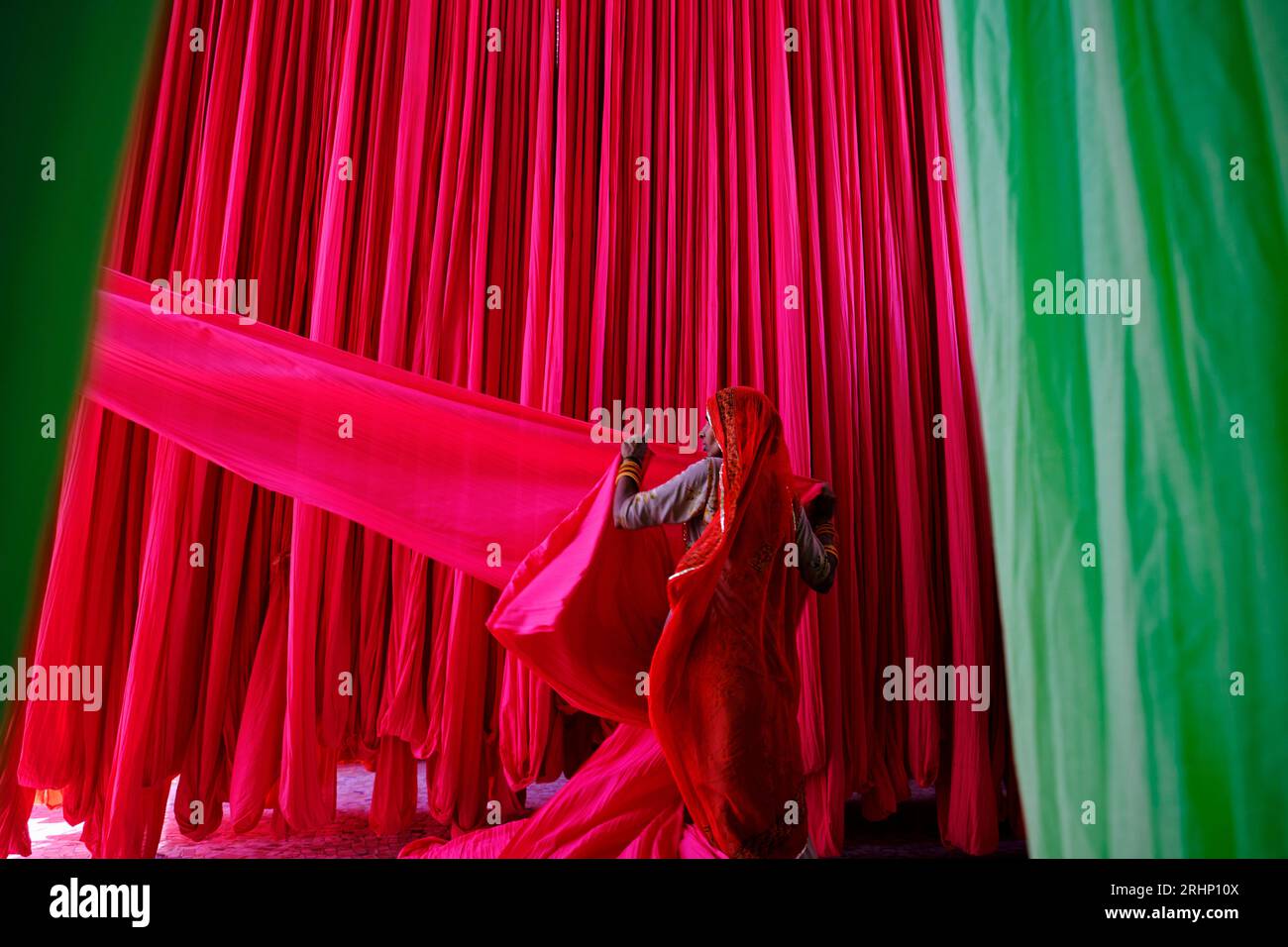 India Rajasthan, Sari fabbrica tessile sono asciugati all'aria aperta. La raccolta del prodotto tessile secco vengono piegate per le donne Foto Stock