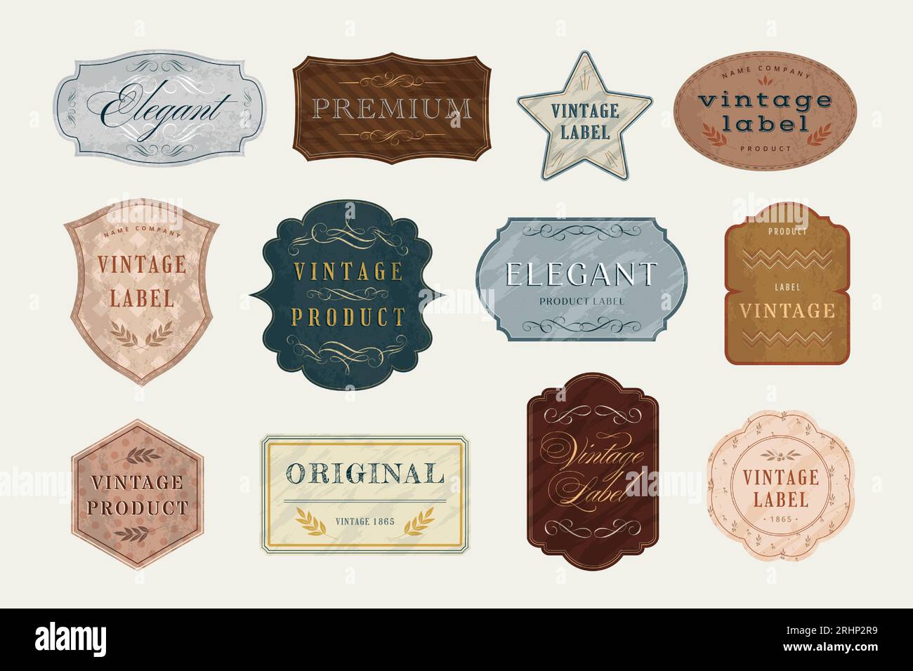 Modelli di badge vintage. Etichetta a libro con cornici riccamente decorate, elegante set vettoriale con emblema vecchio stile Illustrazione Vettoriale