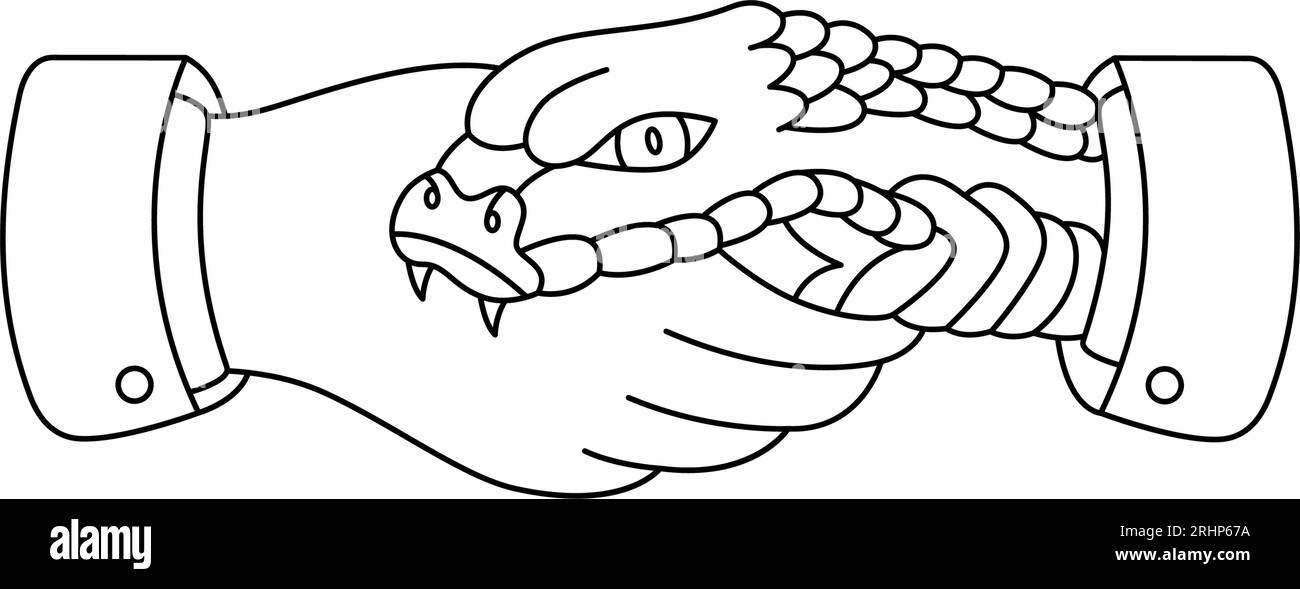 Mordere la mano del serpente. Silhouette tradizionale con tatuaggio a scuotimento di serpente. Illustrazione lineare minimalista vettoriale. Illustrazione Vettoriale