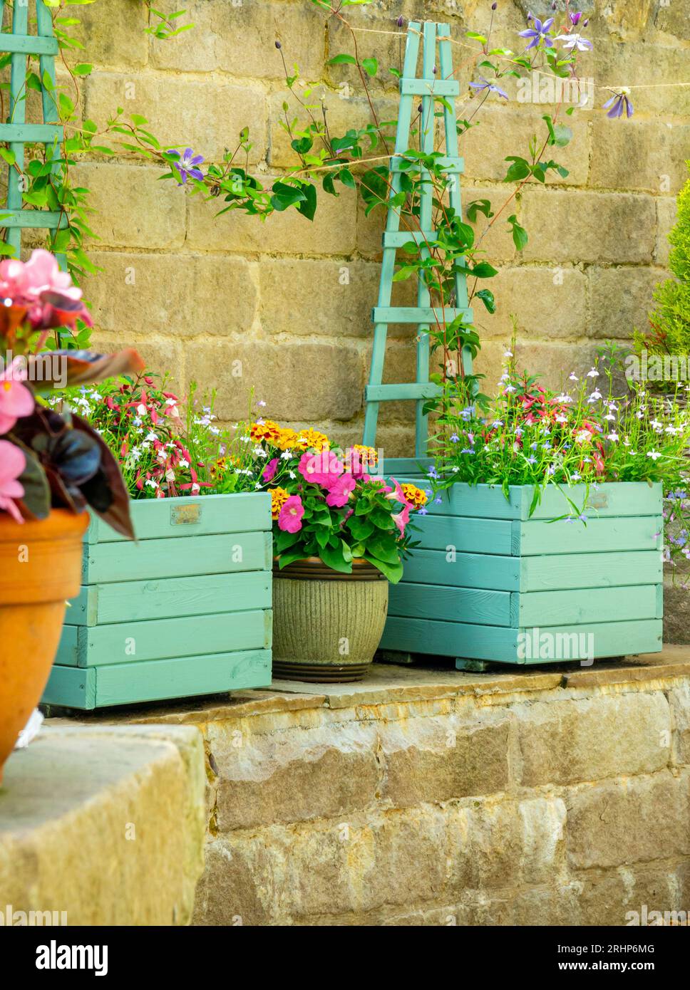 Fioriere e vasi in legno in un patio giardino in estate contenente piante in vaso tra cui lobelia, calendule e petunie. Foto Stock