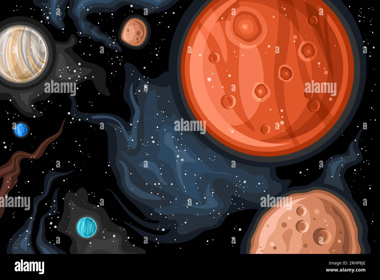 Vector Fantasy Space Chart, poster astronomico orizzontale con design cartoni animati pianeta Marte e satelliti orbitanti nello spazio profondo, decorativo colorato Illustrazione Vettoriale