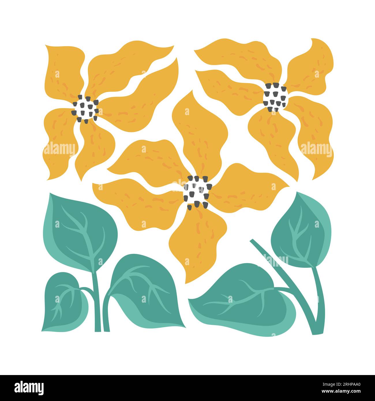 Poster moderno con fiori di girasoli astratti ondulati, arte murale, modello di biglietto da visita. Moderna illustrazione vettoriale con campo di fiori maturi e luminosi. Illustrazione Vettoriale