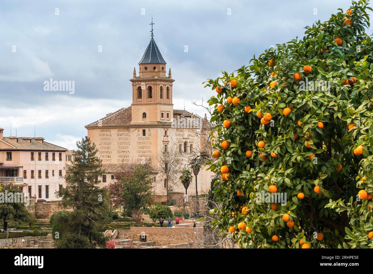 Spagna, Andalusia, Granada, vista dal Palacio de Generalife all'Alhambra, arancio Foto Stock