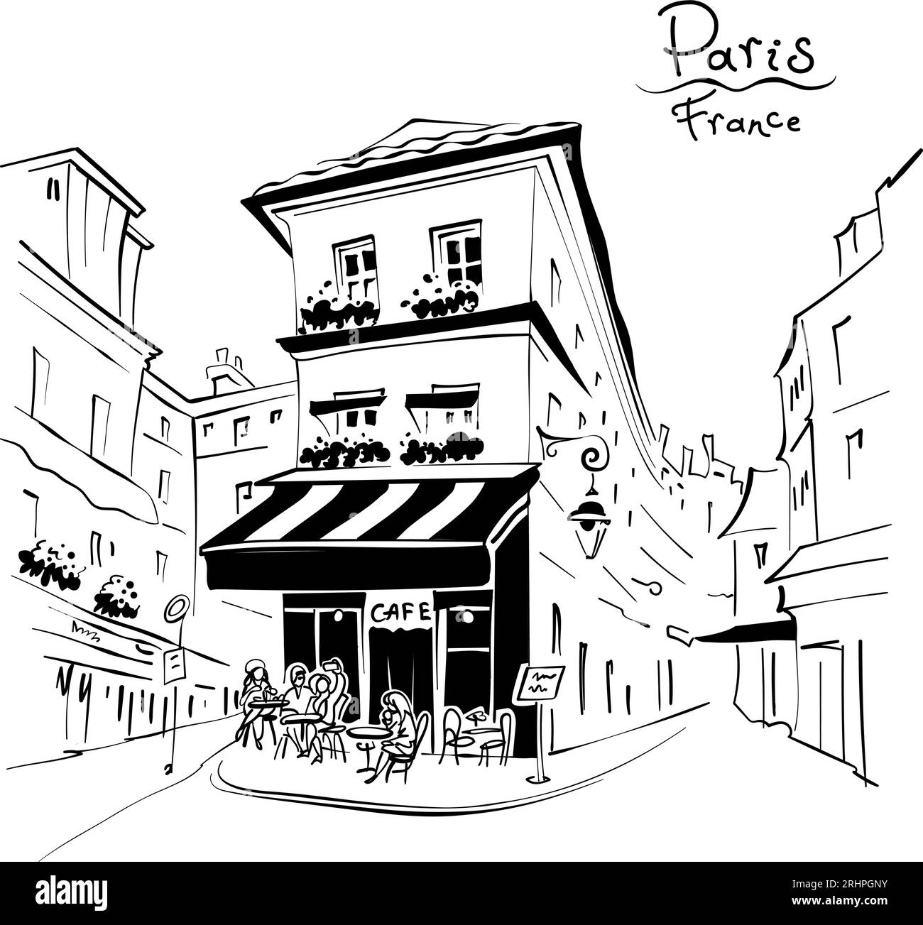 Disegno a mano vettoriale in bianco e nero. Tipico ristorante parisain a Montmartre, Parigi, Francia. Illustrazione Vettoriale