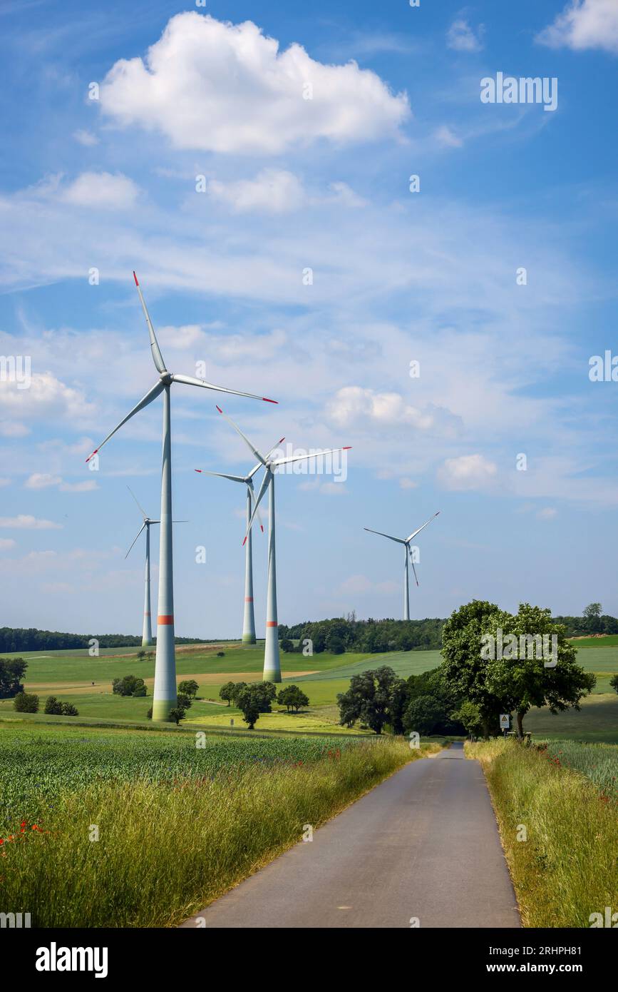 Lichtenau, Renania settentrionale-Vestfalia, Germania - Parco eolico in un paesaggio agricolo con campi, colline, strade sterrate e alberi. Foto Stock