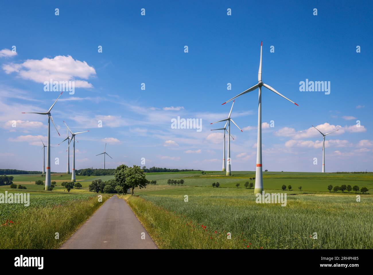 Lichtenau, Renania settentrionale-Vestfalia, Germania - Parco eolico in un paesaggio agricolo con campi, colline, strade sterrate e alberi. Foto Stock