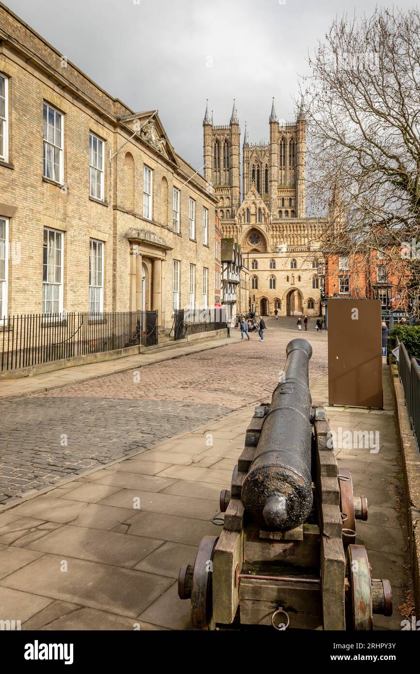 Cattedrale di Lincoln da Castle Hill, Lincoln, Lincolnshire, England, Regno Unito Foto Stock