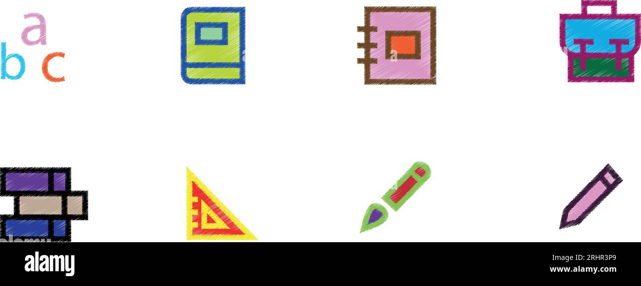 Set di icone colorate per la scuola e l'istruzione. Icone di ritorno a scuola. Tratto modificabile. Illustrazione Vettoriale
