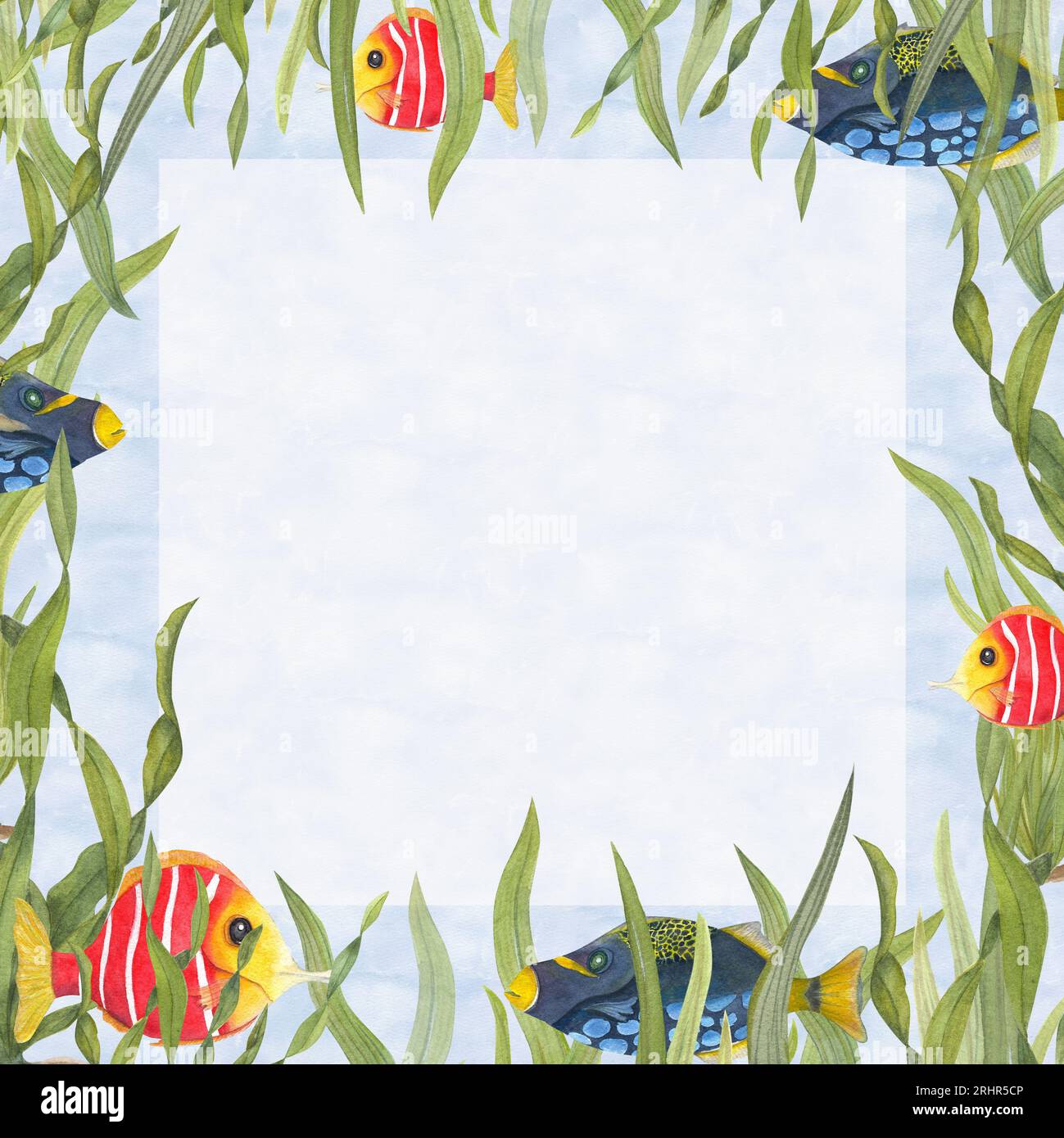 Carta acquerello per i compleanni dei bambini isolati sullo sfondo del mare blu. Pesci colorati in stile cartone animato, alghe, laminaria. Foto Stock